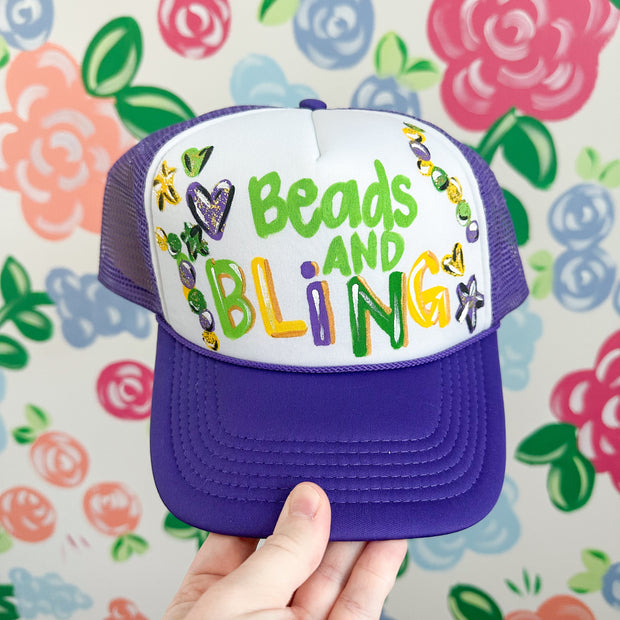 Mardi Gras Beads and Bling Hand Painted Trucker Hat