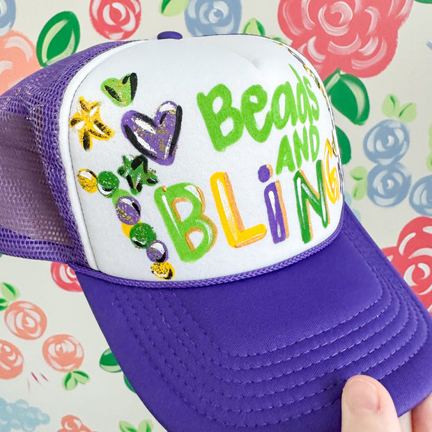 Mardi Gras Beads and Bling Hand Painted Trucker Hat